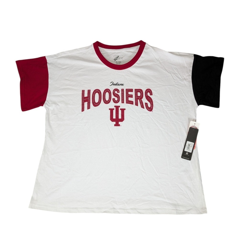 GIII 4Her Indiana Hoosiers Women XL Colorblock Studded Ringer T-Shirt NWT